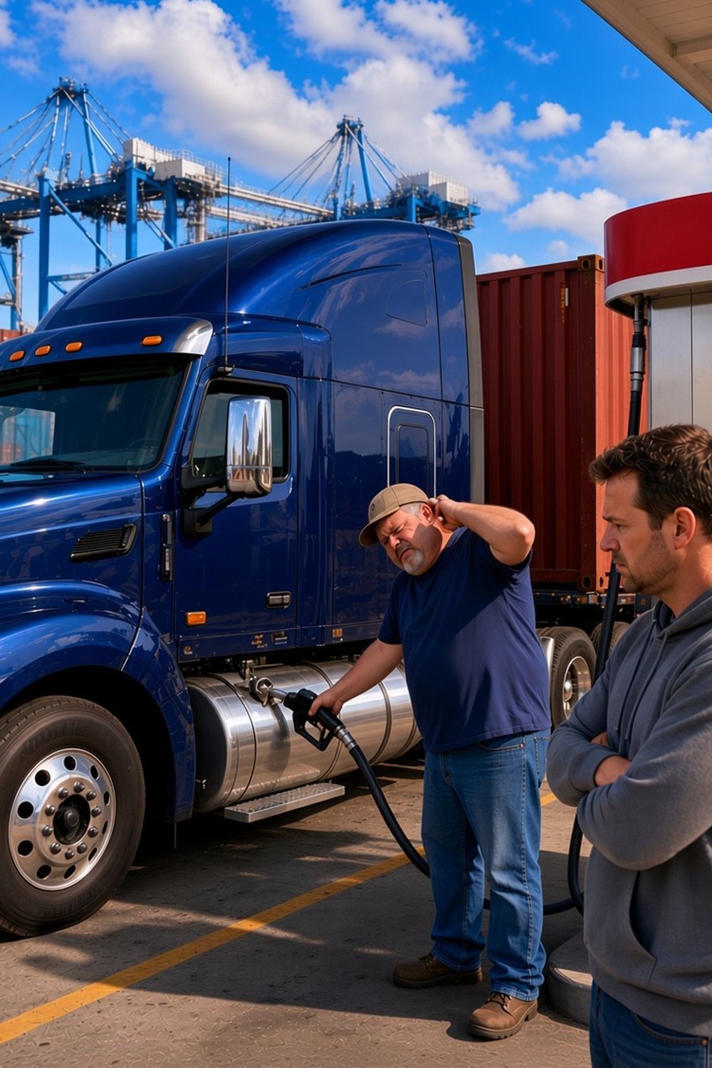A frustrated truck driver fuels his semi at a diesel pump near the Port of Oakland as another driver stands with arms crossed