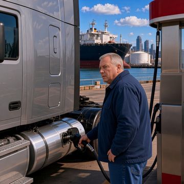 A gray-haired trucker fuels a silver semi at a waterfront pump and looks toward a large tanker ship with a city skyline behind