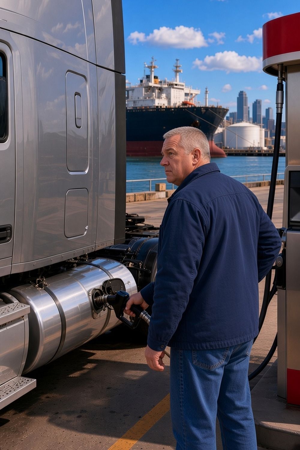 A gray-haired trucker fueling a silver semi turns to look at a tanker ship docked on the waterfront, with city towers behind