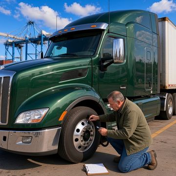 A truck driver kneels with a tread gauge to check a tire on a dark green sleeper semi