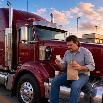 A truck driver on the cab step of a burgundy sleeper semi holds a receipt and a meal bag