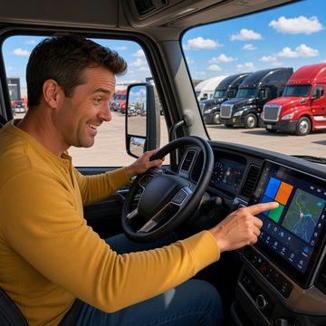 A truck driver in a mustard henley taps a large touchscreen on the dashboard of a semi cab