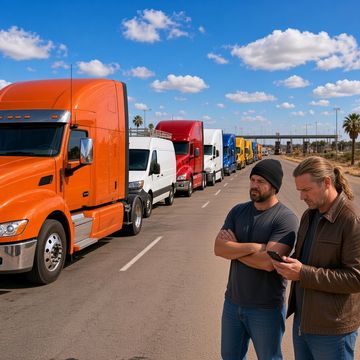 Two truckers wait beside a long line of parked semis led by an orange cab, one with crossed arms and one checking his phone