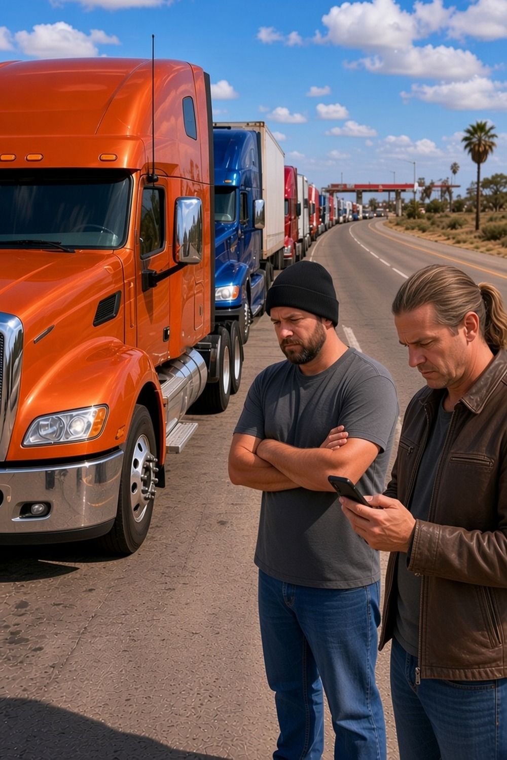 Two serious truckers stand beside a long line of parked semis on a sunny highway, one with arms crossed and one reading his phone