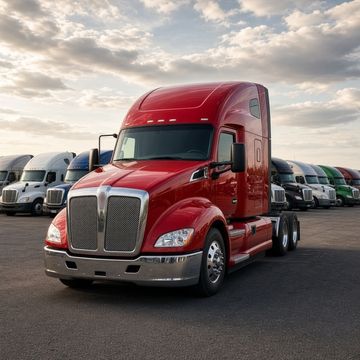 Rows of used semi truck tractors parked on a dealer lot under a partly cloudy sky