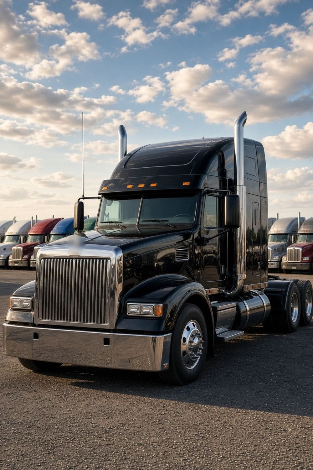 Rows of used semi truck tractors parked on a dealer lot under a partly cloudy sky