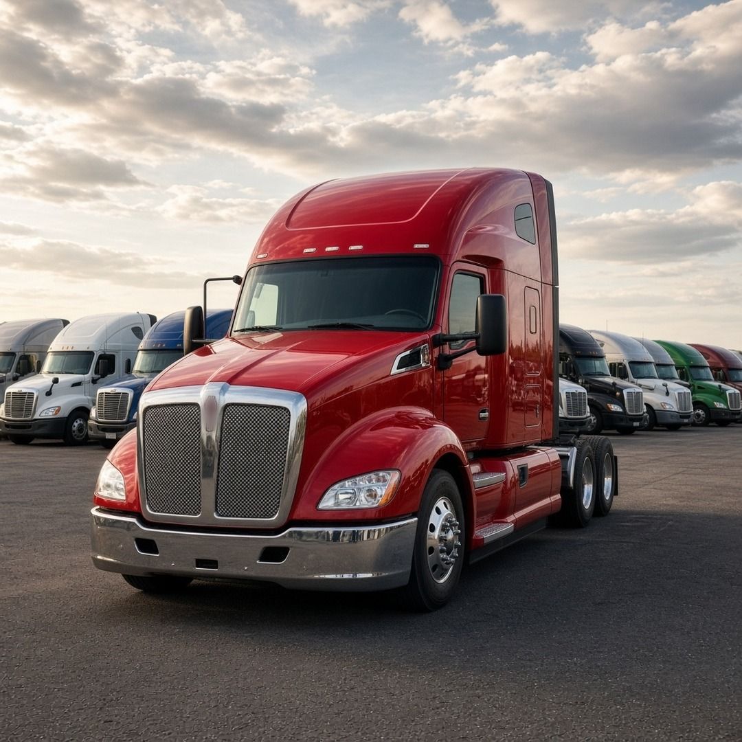 Rows of used semi truck tractors parked on a dealer lot under a partly cloudy sky