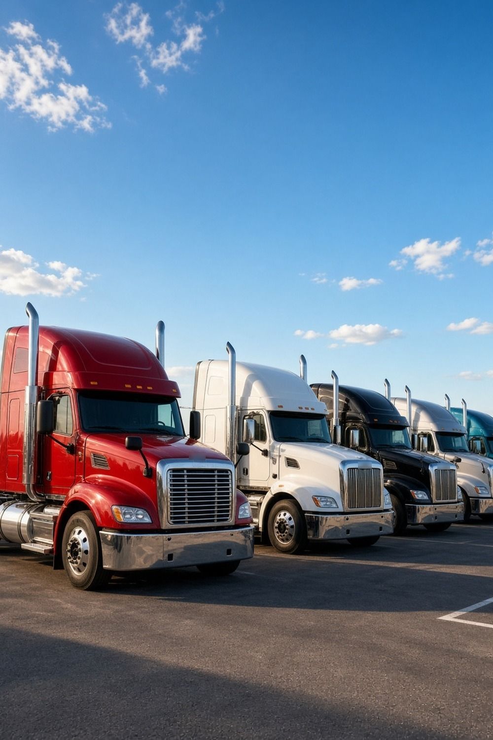 Row of used red, white, black, silver and teal sleeper semi trucks with chrome stacks on a dealer lot under a blue sky