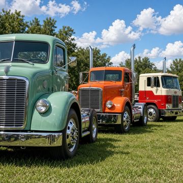 A row of polished vintage semi trucks with long hoods and chrome stacks parked on grass at an outdoor truck show