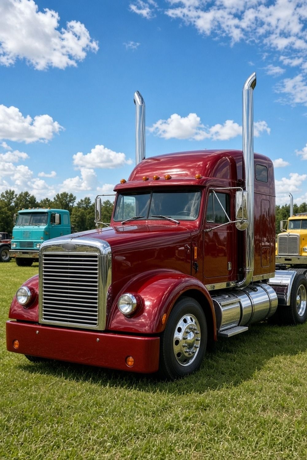 Polished vintage semi trucks with chrome stacks parked on grass at an outdoor truck show