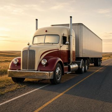 A vintage-style semi truck with a long rounded hood rolling down an open two lane highway at golden hour