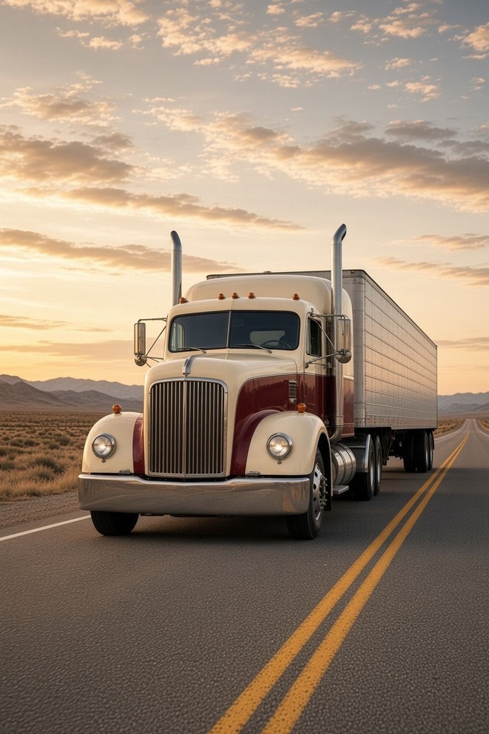 A vintage-style semi truck and trailer on a long open highway stretching toward distant hills in warm evening light