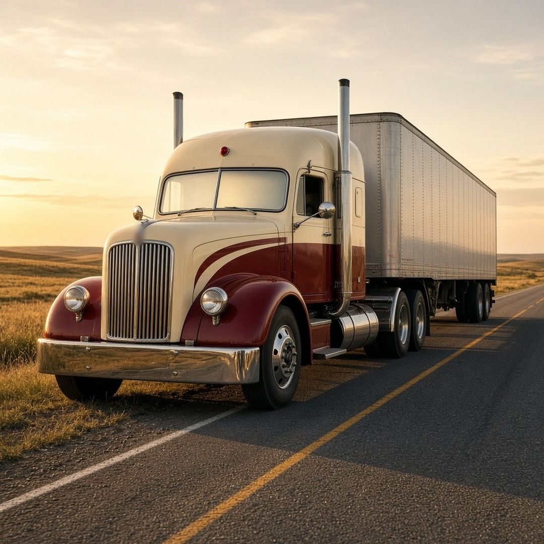A vintage-style semi truck with a long rounded hood rolling down an open two lane highway at golden hour