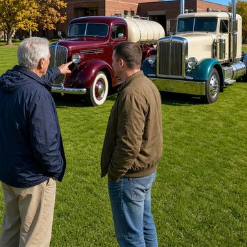 Two men, seen from behind, look at a restored maroon vintage tank truck and a cream classic semi parked on a museum lawn on a sunny autumn day