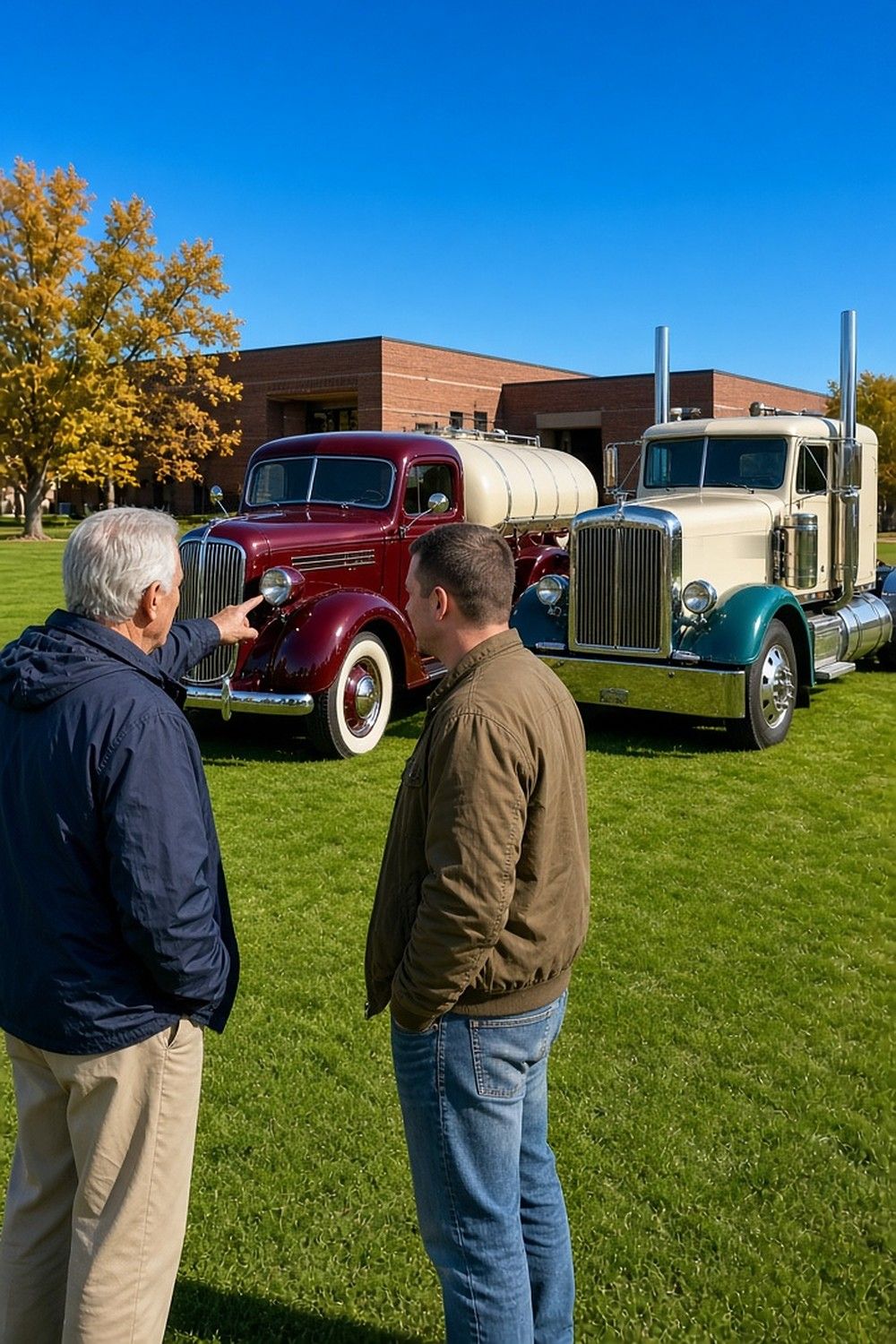 Two men, seen from behind, look at a restored maroon vintage tank truck and a cream classic semi on a museum lawn under a blue sky