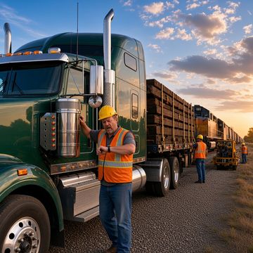 A man in a yellow hard hat checks his watch beside a green long-nose semi hauling rail ties next to the tracks at sunrise