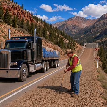 A worker in a cowboy hat and hi-vis vest rakes runaway truck ramp gravel as a black semi climbs a mountain highway