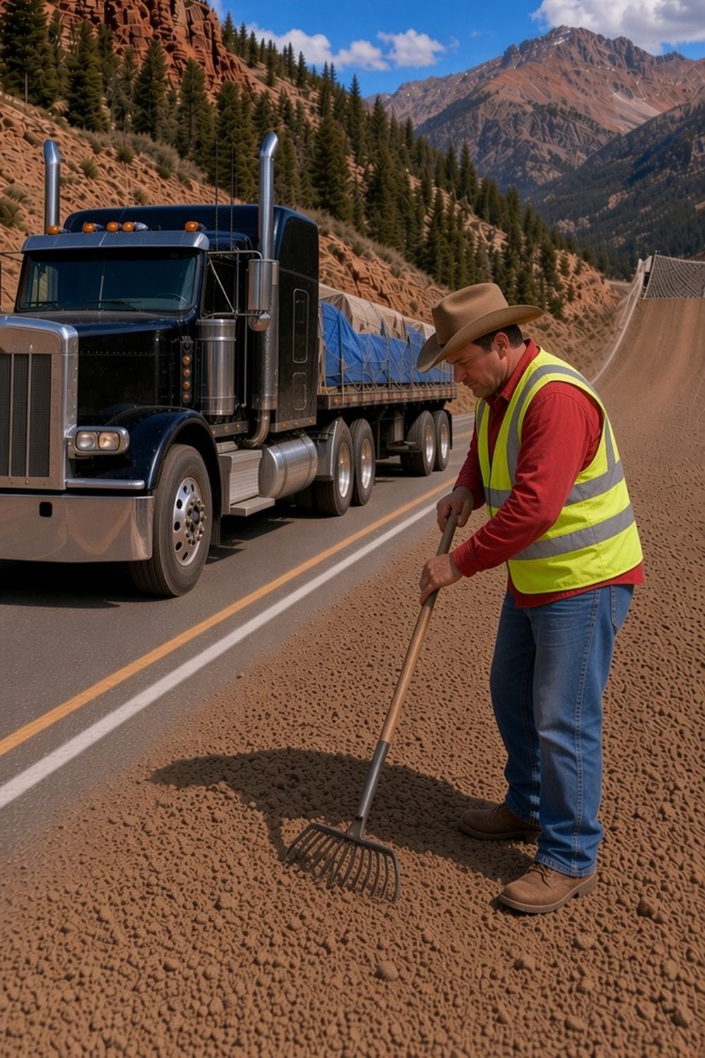 A worker in a cowboy hat rakes the gravel bed of a runaway truck ramp beside a black flatbed semi on a mountain highway