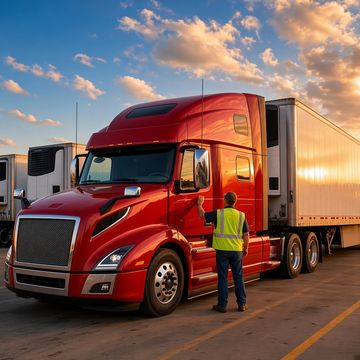 A yard worker in a hi-vis vest beside a candy-red sleeper semi and new refrigerated trailers