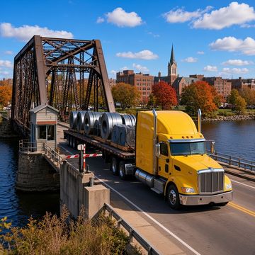 A yellow sleeper semi at a toll booth on a steel bridge