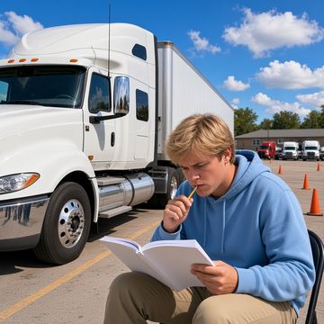 A young man in a blue hoodie studies a CDL manual beside a white sleeper semi